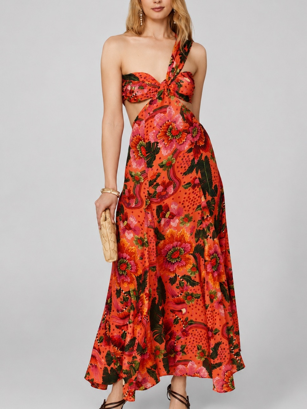 🆕🌿🌺FARM Rio One Shoulder Cutout Maxi Dress M NWT Orange Tropical Floral Garden